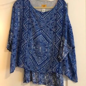 Blue, pale blue and white print top